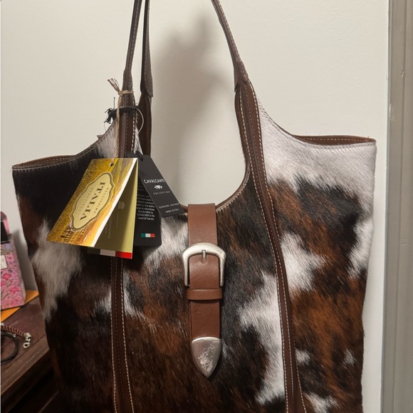 Brown and White Leather Tote Bag - Picture 1 of 2